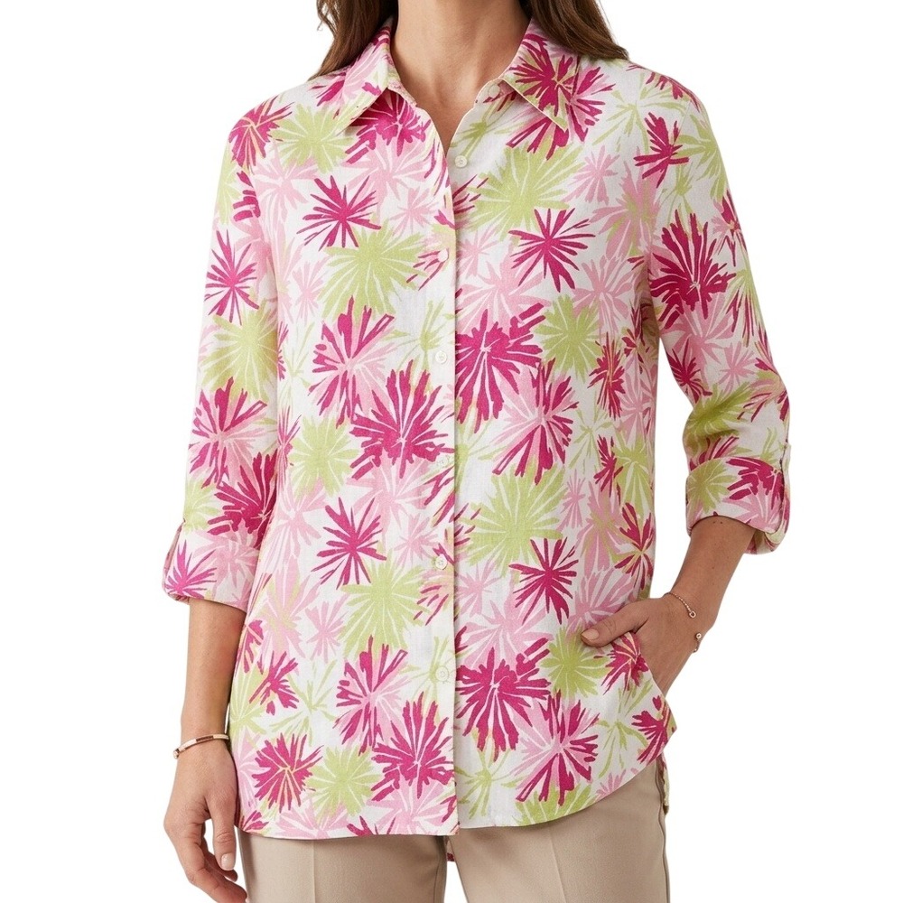 Kim Rogers Women's Size Large Pink Green Linen Tropical Floral Button Up Shirt
